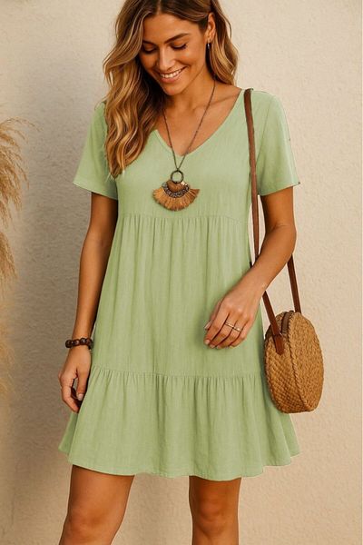 Moda Asmira Women's Short Sleeve V-Neck Ruffle Wrap Dress