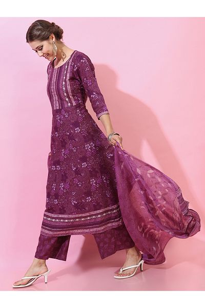 Vishudh By Styli Women Purple Cotton Kurta Set with Dupatta