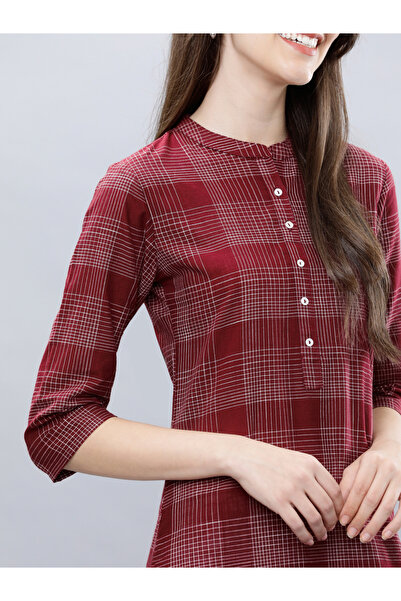 Vishudh By Styli Women Maroon & Off-White Checked A-Line Kurta