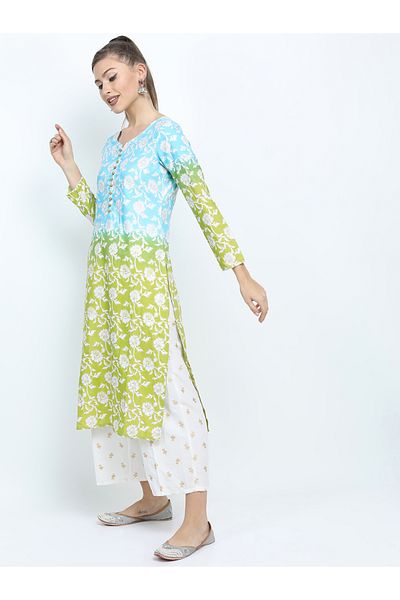 Vishudh By Styli Women Blue Floral Printed Kurta with Palazzos & Dupatta