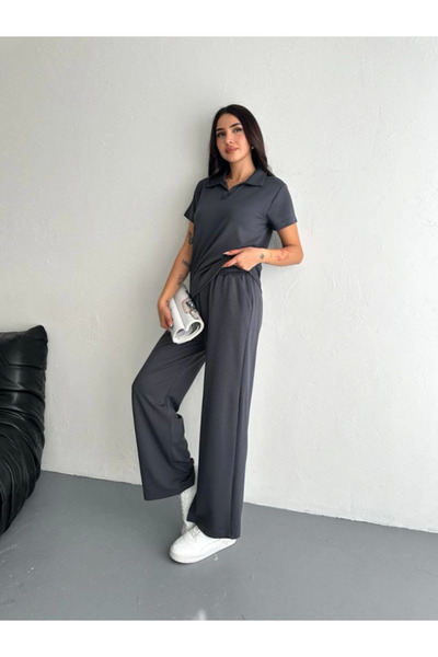 AKNButik Osy Modal Soft Textured Fabric Short Sleeve Collared T-Shirt Pantalon Double Set - Anthracite