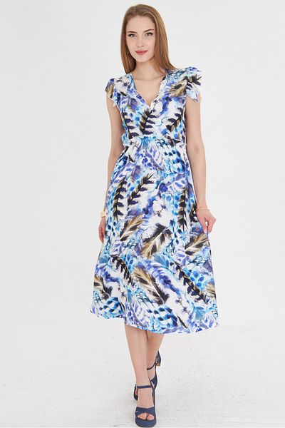 armonika Rochie de damă, albastră, cu guler dublu, cu volane, cu talie elastică, lungime midi ARM-24Y 001020