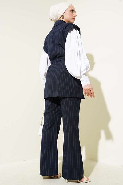 MODAMERSİ Women's Navy Blue Striped Shoulder Epaulet Belted Vest Double Suit