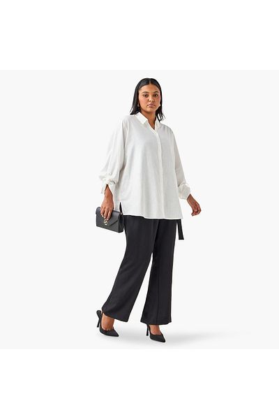Ulla Popken Plus Size Ulla Popken Wide Leg Trousers with Tie-Up Waist