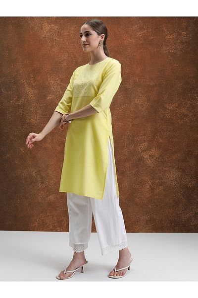 Vishudh By Styli Yellow Floral Yoke Design Thread Work Straight Kurta