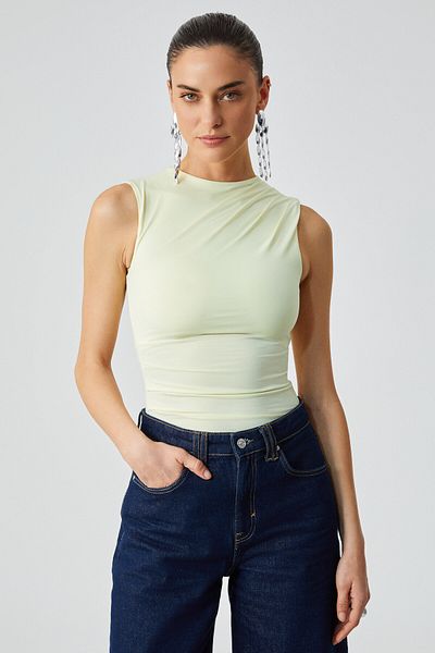 GRIMELANGE Canısa Women's Slim Fit Zero Sleeve Round Neck Solid Color Yellow Blouse