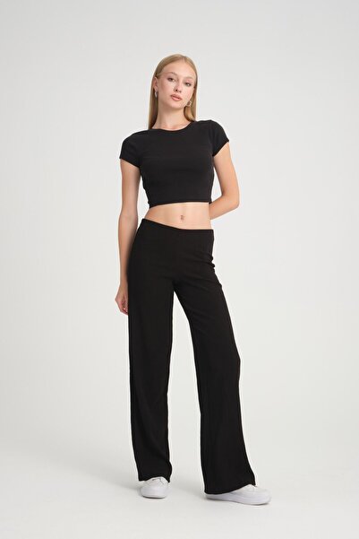 Kallisto Pantaloni negri cu talie înaltă, cu croială confortabilă, cu picioar...