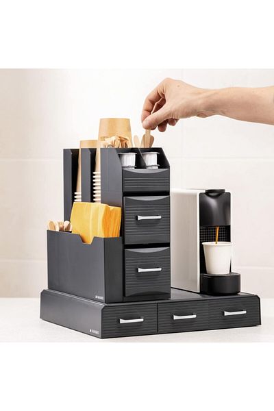 Navaris Set suport aparat de cafea cu 3 sertare pentru capsule și 2 sertare pentru consumabile, negru, 60824.01