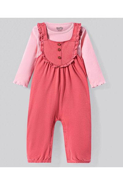 Bonfino Bonfino Dungaree with Full Sleeves T-Shirt and Frill Detailing - Dark Pink