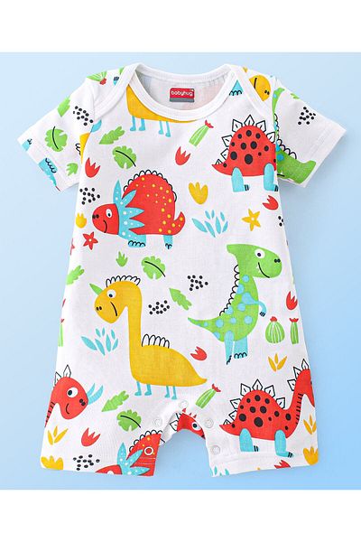 Babyhug Babyhug 100% Cotton Interlock Knit Half Sleeves Romper Dino Print - White