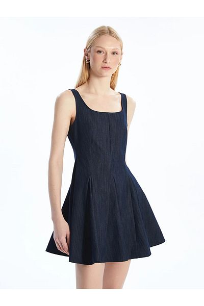 LC Waikiki Μίνι τζιν φόρεμα LCW Vision Indigo Square Collar