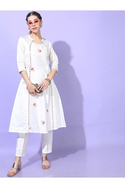 Vishudh By Styli Women White Embroidered Kurta Set with Trousers