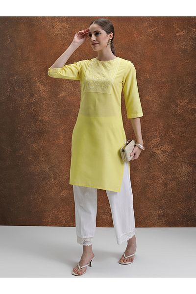 Vishudh By Styli Yellow Floral Yoke Design Thread Work Straight Kurta