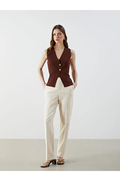 LC Waikiki LCW Vision Braune Damen-Strickweste mit V-Ausschnitt