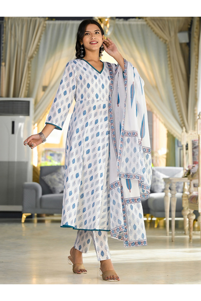 Vishudh By Styli Blue Floral Printed Cotton Kurta Set for Women