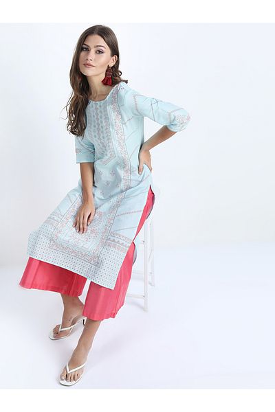 Vishudh By Styli Women Blue & Pink Floral Printed Kurta