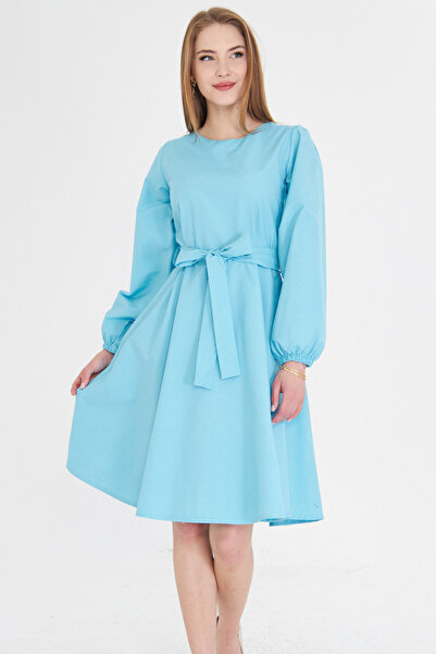 armonika Tyrkysové šaty Midi s dlouhým rukávem - zadní část na zip - výstřih