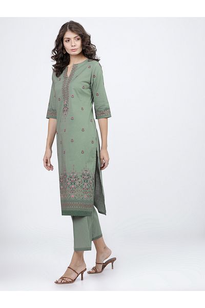 Vishudh By Styli Women Green Printed Cotton Kurta and Palazzo Set