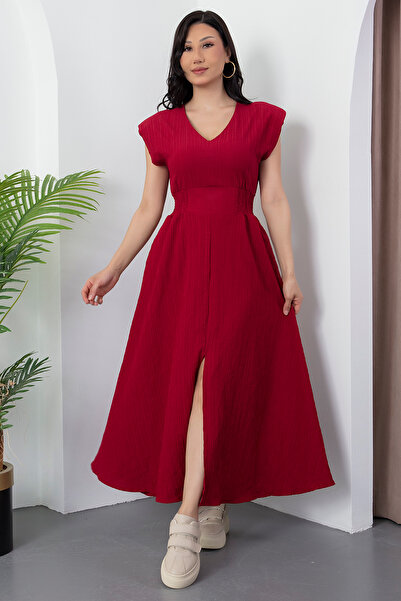 PULLIMM V Yaka Beli Lastikli Yırtmaçlı Elbise NY4568