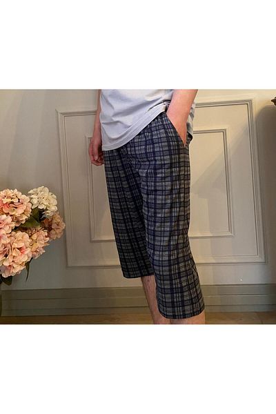 DÜVEN Men's Anthracite Side Pocket Pure 100% Cotton Plaid Patterned Casual Capri Bermuda