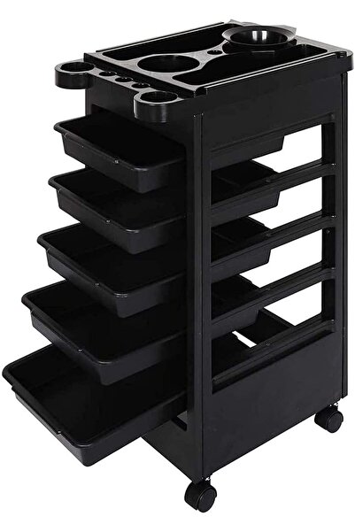 LA PERLA TECH عربة تخزين صالون حلاقة وتصفيف شعر سوداء بخمسة أدراج - عجلات لصا...