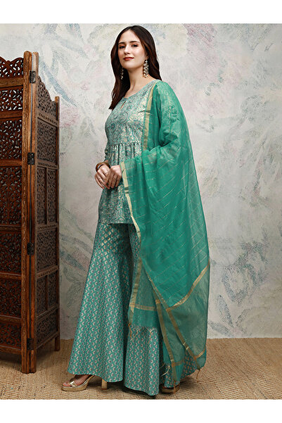 Vishudh By Styli Blue Printed Keyhole Neck Sharara