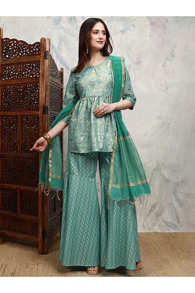 Vishudh By Styli Blue Printed Keyhole Neck Sharara