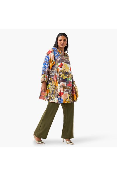 Ulla Popken Plus Size Ulla Popken Wide Leg Trousers with Tie-Up Waist