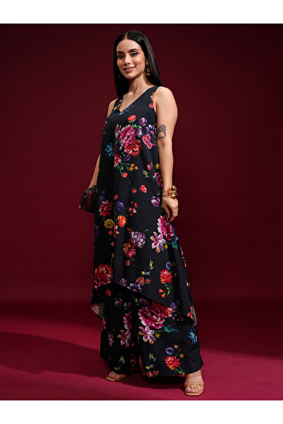 Vishudh By Styli Women Blue Floral Printed High Low Kurta with Palazzos