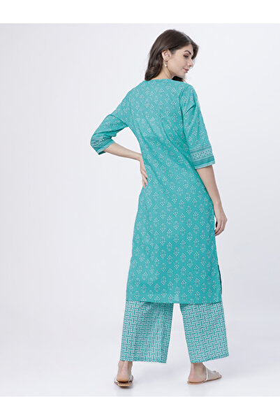 Vishudh By Styli Women Printed Cotton Kurta Set with Palazzos - Sea Green & White