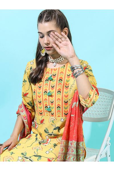 Vishudh By Styli Women Yellow Floral Cotton Kurta Set with Dupatta