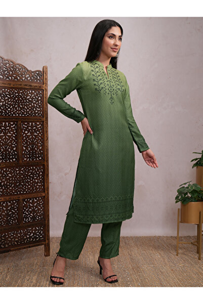 Vishudh By Styli Women Green Printed Kurta Set with Dupatta