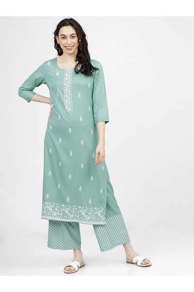 Vishudh By Styli Women Green Printed Kurta and Palazzo Set