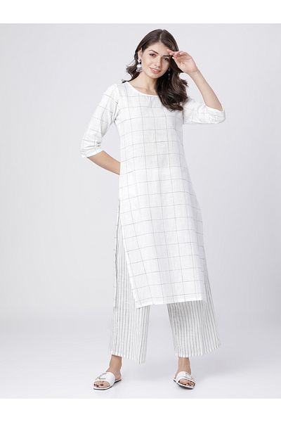 Vishudh By Styli Women White & Black Checked Cotton Kurta Set