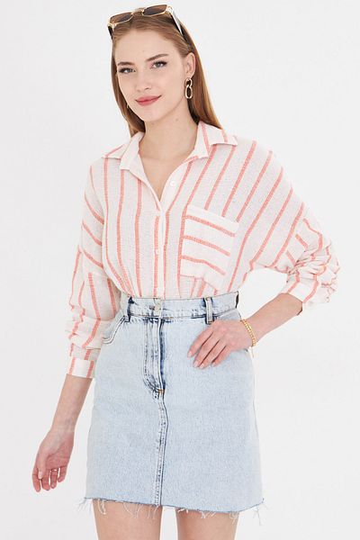 armonika Arm-25Y of Orange Long Sleeve Women's Striped Pleated Oversize Shirt 001044   Model