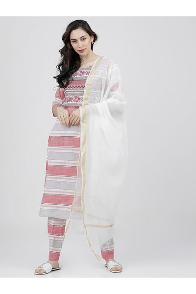Vishudh By Styli Women Multi-Colored Striped Cotton Kurta Set with Dupatta