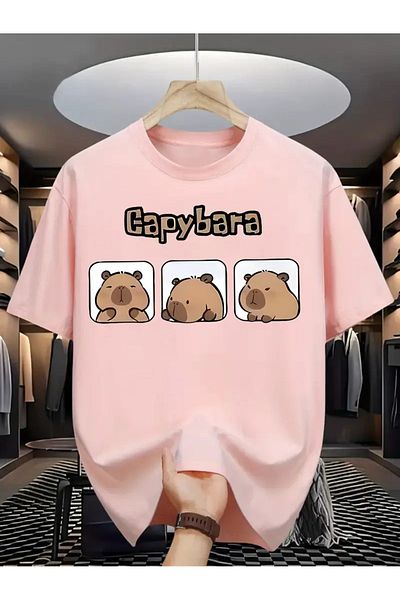 vinraus Tricou din bumbac pieptănat cu imprimeu în față Capybara roz pentru fată/băiat