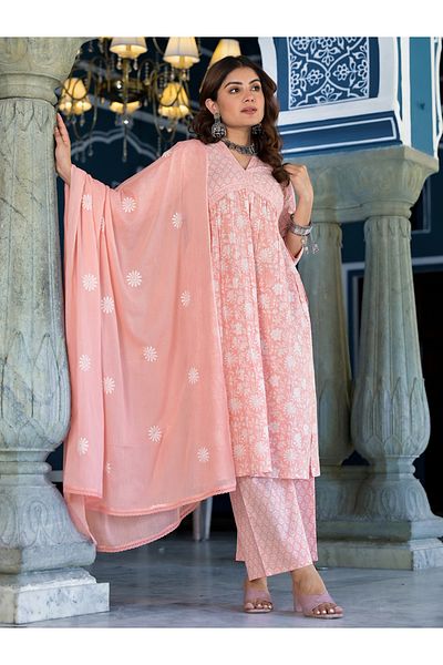 Vishudh By Styli Women Pink Floral Printed Cotton Kurta Set