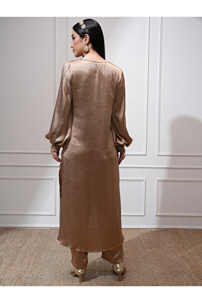 Vishudh By Styli Women Tan Satin High-Low Kurta with Trousers