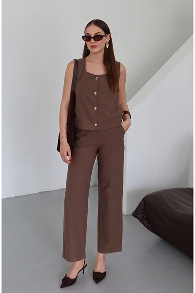 Laluvia Brown Gold Button Vest Trousers Suit - 7134