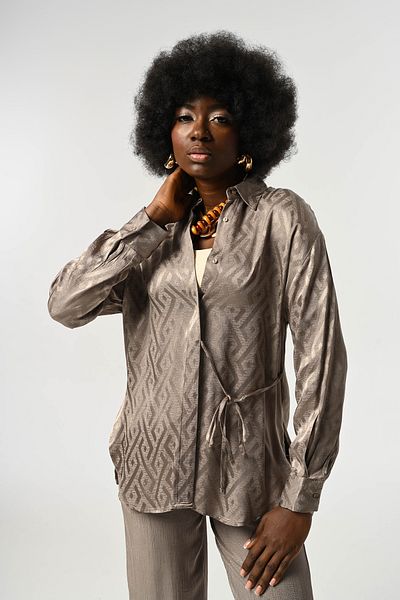 Orfeo Negro Women's Ethnic Patterned Gray Color Shirt with Tieing Detail
