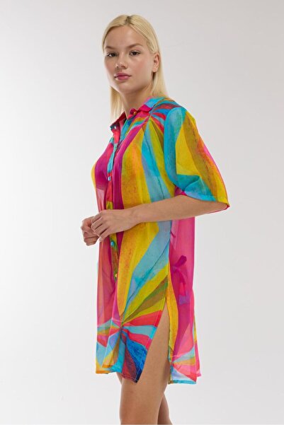 AYYILDIZ Ayyıldız 4805 Blue Fuchsia Patterned Beach Dress