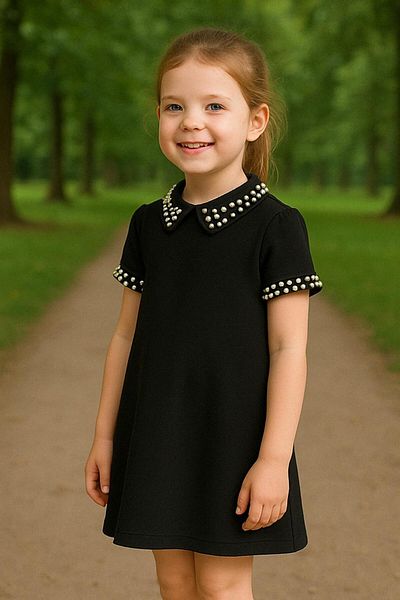 Hilal Akıncı Kids Short Sleeve Girl's Dress Collar and Sleeve Stones