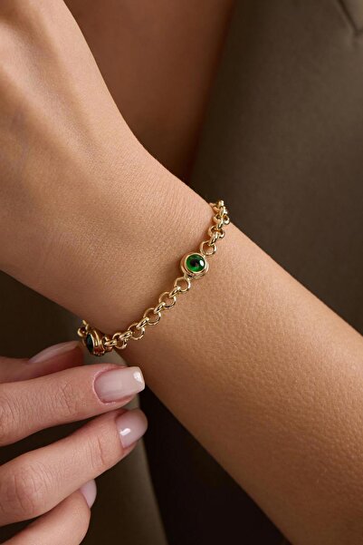Bayar Gold 14 Ayar Altın Yeşil Gözlü Doç Bileklik