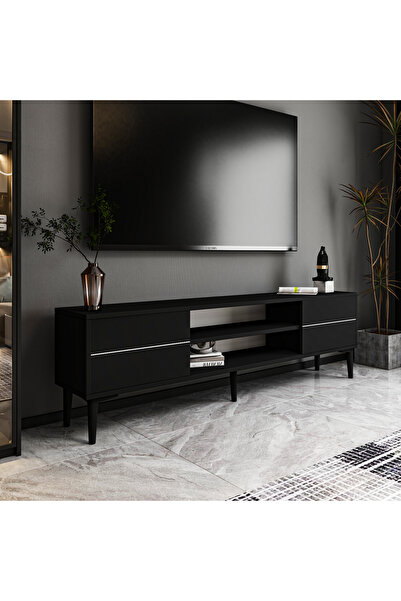 İNARCH DİZAYN Aragon Modern TV Sehpası 140 cm, 2 Kapaklı + 2 Açık Raflı, Siyah