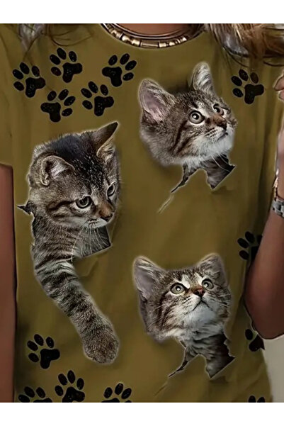 ALPACO Γυναικείο κοντομάνικο μπλουζάκι μονό ζέρσεϊ με στάμπα Cat And Paw