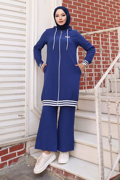 Modamihram Zippered Ribbed Suit - Indigo 10405