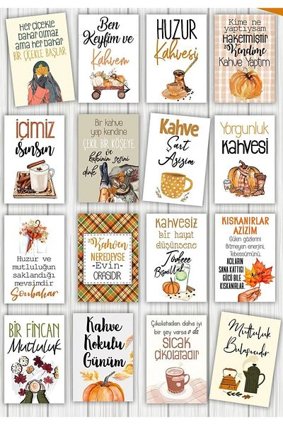 Pankart Evi 16 Pcs Autumn Motto Presentation Coffee Card Set.