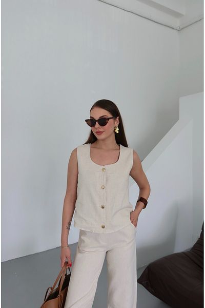 Laluvia Ecru Gold Button Vest Trousers Set - 7134