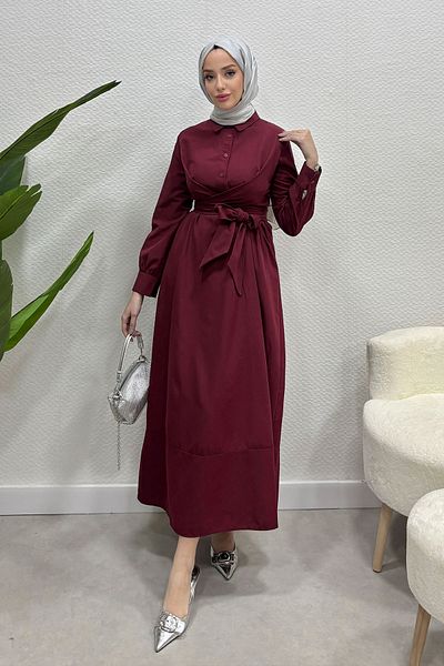 Tesettür Diyarı Belted Hijab Dress Claret Red